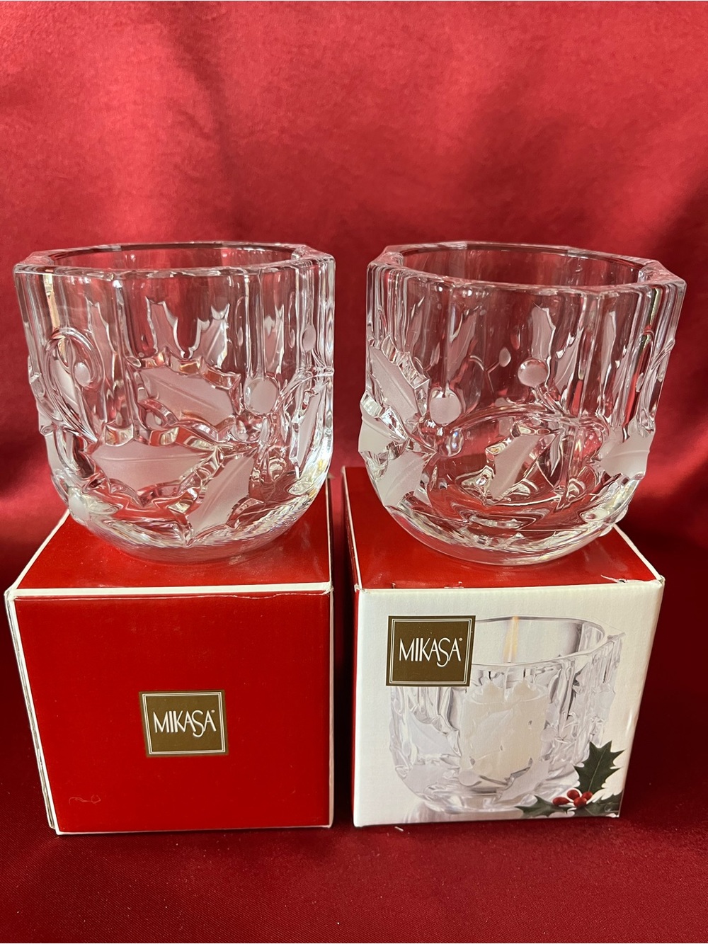 NIB Mikasa Christmas Holly Etched Poinsettia Votive Candle Holder Set of 2